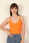 Triko Kumaş Omuzları Toka Detaylı Kadın Bluz-Neon Oranj