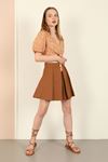 Woven Fabric Wide Pleated Mini Skirt - Brown
