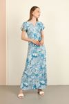 Viscon Fabric Surplice Neck Mixed Pattern Long Women Dress-Blue