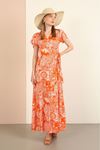 Viscon Fabric Surplice Neck Mixed Pattern Long Women Dress-Orange