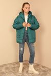 Quilted Fabric Long Sleeve Zip Neck Short Oversize Women Coat - Emerald Green