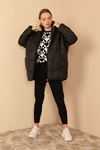 Quilted Fabric Long Sleeve Zip Neck Short Oversize Women Coat - Black