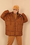 Quilted Fabric Long Sleeve Zip Neck Short Oversize Women Coat - Brown