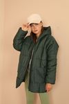 Quilted Fabric Long Sleeve Zip Neck Short Oversize Women Coat - Khaki 