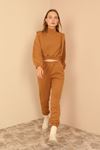 Quilted Fabric Long Sleeve Roll Neck Long Detailed Shoulder Women'S Set - Light Brown