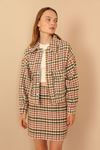 Lumberjack Fabric Long Sleeve Hip Height Oversize Striped Women'S Shirt - Khaki 