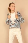 Lumberjack Fabric Long Sleeve Hip Height Oversize Striped Women'S Shirt - Grey