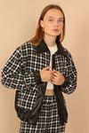 Channel Woven Fabrics Shirt Collar Hip Height Striped Women Jacket - Black
