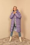 Kapitone Kumaş Uzun Kol Kalp Yaka Oversize/Salaş Kadın Mont-Lila