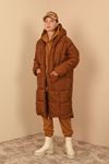 Kapitone Kumaş Uzun Kol Kalp Yaka Oversize/Salaş Kadın Mont-Kahve