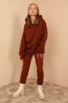 Jesica Fabric Long Sleeve Hooded Oversize Zip Women Sweatshirt - Brown