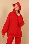 Jesica Fabric Long Sleeve Hooded Oversize Zip Women Sweatshirt - Red