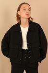 Quilted Fabric Long Sleeve Shirt Collar Hip Height Oversize Button Up Women Jacket - Black