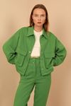 Kapitone Kumaş Gömlek Yaka Oversize/Salaş Çıtçıt Detaylı Kadın Ceket-Yeşil