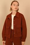 Quilted Fabric Long Sleeve Shirt Collar Hip Height Oversize Button Up Women Jacket - Brown