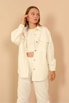 Quilted Fabric Shirt Collar Below Hip Oversize Buttoned Women Jacket - Ecru