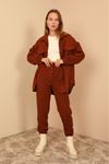 Quilted Fabric Shirt Collar Below Hip Oversize Buttoned Women Jacket - Brown