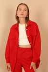 Quilted Fabric Shirt Collar Below Hip Oversize Buttoned Women Jacket - Red