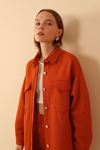 Quilted Fabric Shirt Collar Below Hip Oversize Buttoned Women Jacket - Cinnamon 