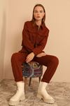 Quilted Fabric Long Sleeve Shirt Collar Short Full Fit Button Up Women Jacket - Brown
