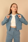 Quilted Fabric Long Sleeve Shirt Collar Short Full Fit Button Up Women Jacket - Blue