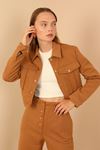 Quilted Fabric Long Sleeve Shirt Collar Short Full Fit Button Up Women Jacket - Light Brown