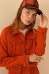 Quilted Fabric Long Sleeve Shirt Collar Short Full Fit Button Up Women Jacket - Cinnamon 