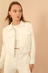 Quilted Fabric Long Sleeve Shirt Collar Short Full Fit Button Up Women Jacket - Ecru