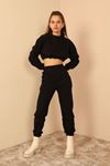 Şardonlu 3 İplik Kumaş Uzun Kol  Kadın Sweatshirt-Siyah