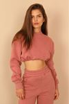 Şardonlu 3 İplik Kumaş Uzun Kol  Kadın Sweatshirt-Gül Kurusu