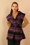 Neoprene Fabric Sleeveless Hooded Long Wide Woodcutter Print Women Vest - Purple