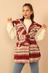 Neoprene Fabric Sleeveless Hooded Long Wide Woodcutter Print Women Vest - Burgundy