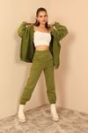 Third Knit With Wool İnside Fabric Hooded Below Hip Oversize Women Sweatshirt With Zip - Khaki 