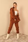 Third Knit With Wool İnside Fabric Hooded Below Hip Oversize Women Sweatshirt With Zip - Brown