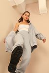 Third Knit With Wool İnside Fabric Hooded Below Hip Oversize Women Sweatshirt With Zip - Grey