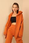 Third Knit With Wool İnside Fabric Hooded Below Hip Oversize Women Sweatshirt With Zip - Cinnamon 