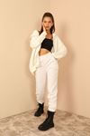 Third Knit With Wool İnside Fabric Hooded Below Hip Oversize Women Sweatshirt With Zip - White