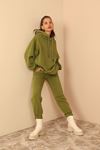 Third Knit With Wool İnside Fabric Hooded Hip Height Oversize Women Sweatshirt - Khaki 