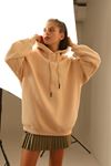 Şardonlu 3 İplik Kumaş Uzun Kol Basen Boy Kadın Sweatshirt-Bej