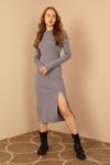 Knit Fabric Long Sleeve Bicycle Collar Tight Fit Slit Mini Women Dress - Blue