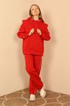 Thread Knit FabricLong Sleeve Hooded Hip Height Oversize Women'S Set 2 Pieces - Red