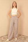 Plaid Fabric Long Oversize Fringed Women'S Trouser - Light Brown