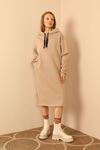 Third Knit With Wool İnside Fabric Long Sleeve Hooded Oversize Women Dress - Chanterelle 