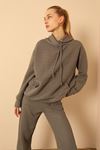 Petek Kumaş Kapüşonlu Basen Boy Oversize/Salaş Kadın Sweatshirt-Antrasit