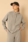 Petek Kumaş Kapüşonlu Basen Boy Oversize/Salaş Kadın Sweatshirt-Gri