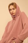 Petek Kumaş Kapüşonlu Basen Boy Oversize/Salaş Kadın Sweatshirt-Pudra