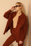 Quilted Fabric Long Sleeve Below Hip Oversize Fastened Women'S Shirt - Brown