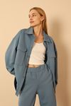 Quilted Fabric Long Sleeve Below Hip Oversize Fastened Women'S Shirt - Blue