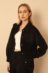 Quilted Fabric Long Sleeve Below Hip Oversize Fastened Women'S Shirt - Black