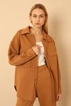 Quilted Fabric Long Sleeve Below Hip Oversize Fastened Women'S Shirt - Light Brown